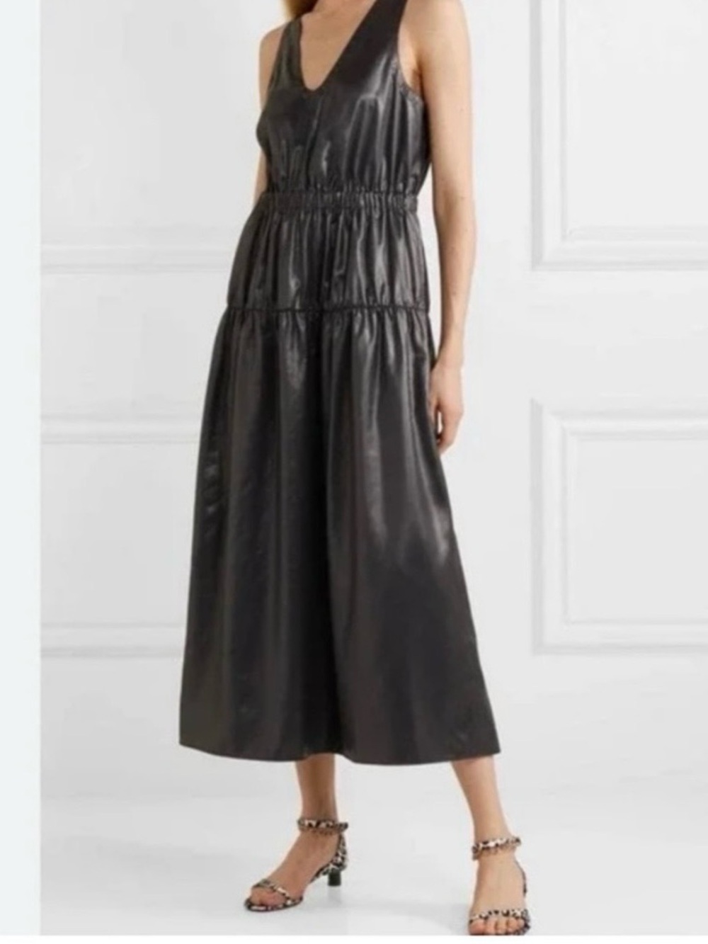 Tibi Black Sleeveless V-Neck Midi Dress